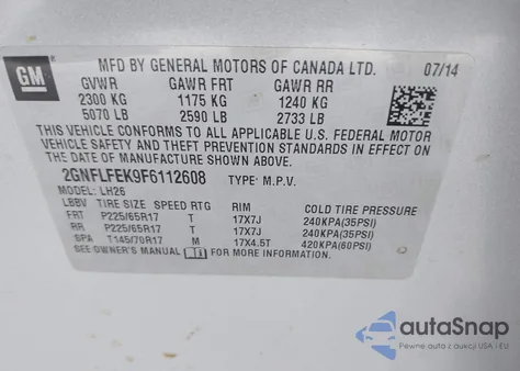 2015 Chevrolet Equinox 1Lt z USA, uszkodzony, nr VIN 2GNFLFEK9F6112608